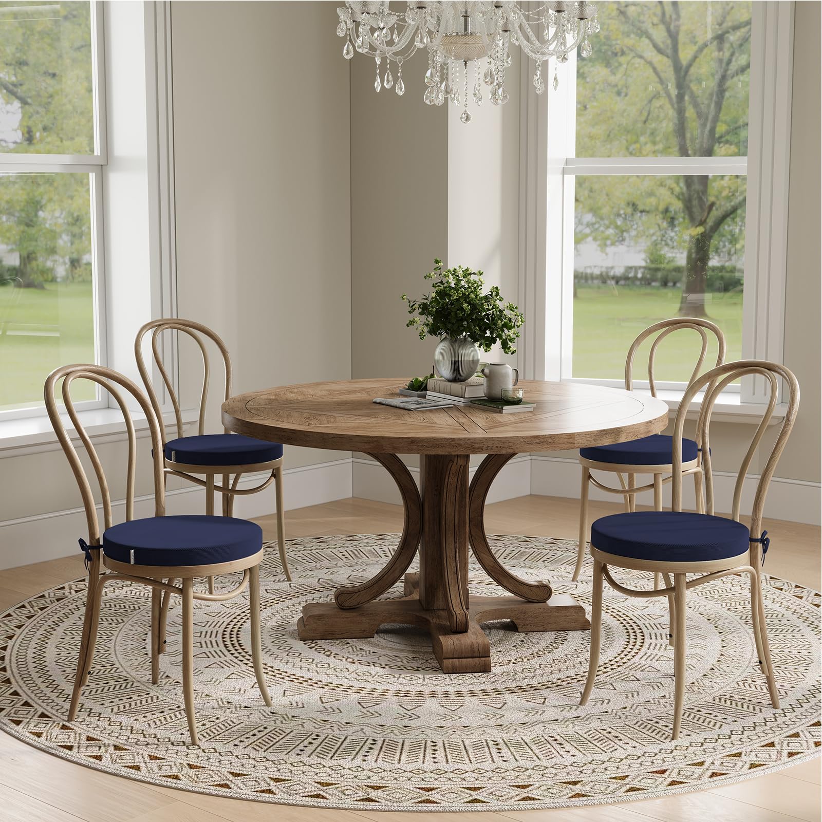 Lot de 2 coussins de chaise ronds pour chaises de salle à manger, 5 cm d'épaisseur avec attaches pour cuisine, jardin, bar - Antidérapant - Pour intérieur et extérieur - 40 x 40 cm - Bleu