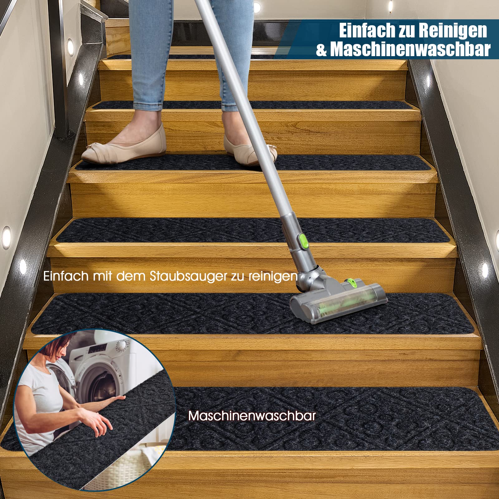 COSTWAY 15er Set Stufenmatten für Treppen, 76x20cm, rutschfeste Selbstklebende Treppenteppiche, Treppenmatten für Holzstufen, wasserdichte Stufenteppiche für Kinder & Älteste & Haustiere (Grau)