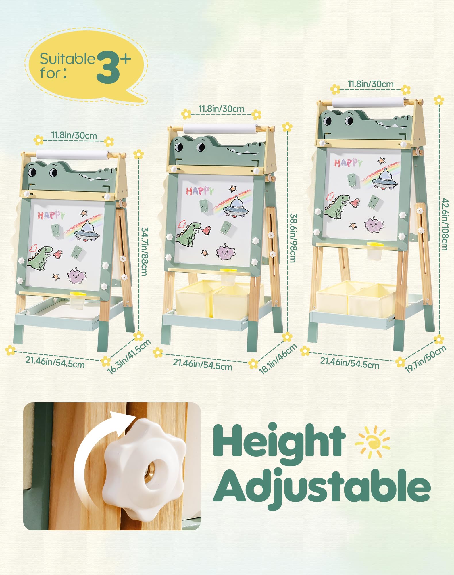 Caballete de cocodrilo para niños, caballete de madera 3 en 1 de altura ajustable con pizarra blanca magnética, pizarra y soporte para rollo de papel, divertida estación de arte para niños y 2