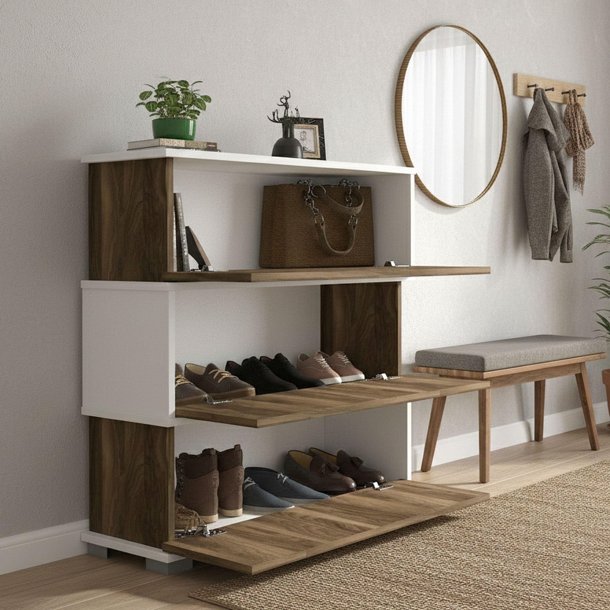 Armoire à chaussures Baten blanc et noyer pour entrée épurée