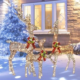 HOYECHI Lighted Christmas Decoration Deer 3 Piece, Light up Christmas Decor Reindeer Family Set for Indoor Outdoor Front Yard Porch with LED Lights, Plug, Extension Cord, Ground Stakes - Brown