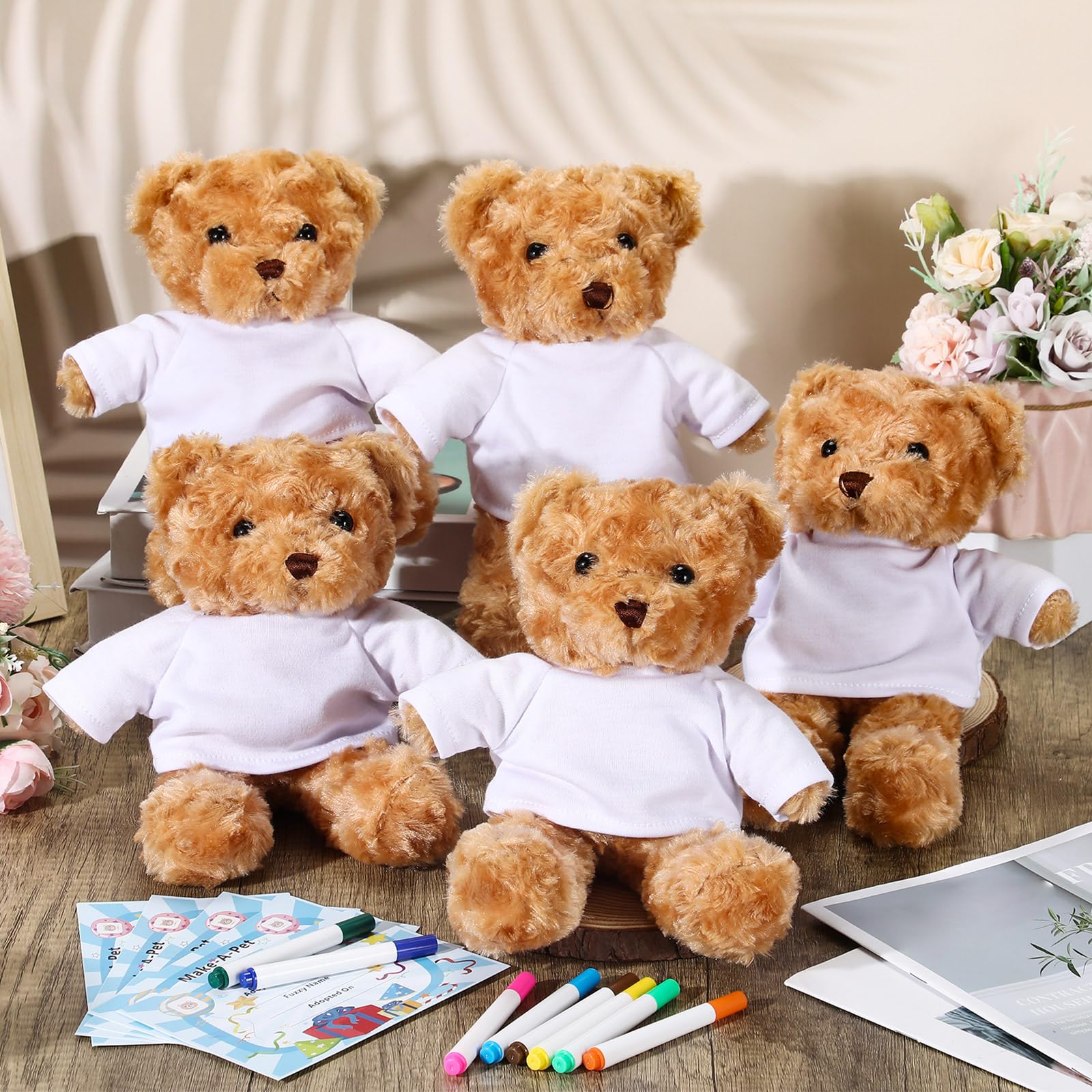 Blueweenly 20 Pcs Make Your Own Stuffed Bear Gift Kit 5 Pcs 9.84 Inches Rose Velvet Bear 5 White T Shirt 5 Set 12 Color Watercolor Pen 5 Paper Card DIY - Image 7