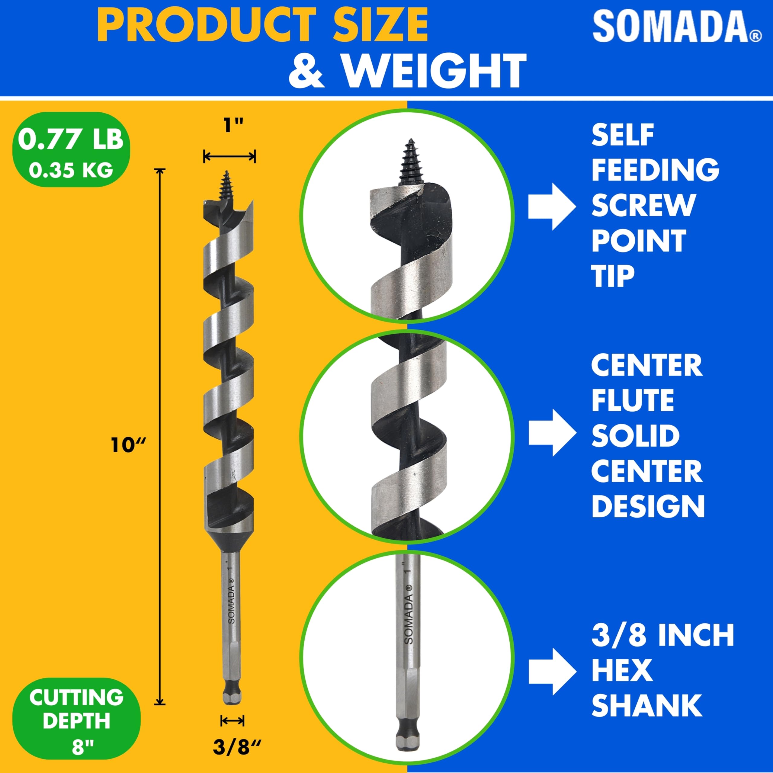 SOMADA Punta da trapano a coclea da 2,5 cm x 25,4 cm per legno, codolo esagonale a cambio rapido, 3/8", un pezzo, punta lunga per trapano a coclea per legno morbido e duro, plastica, cartongesso e