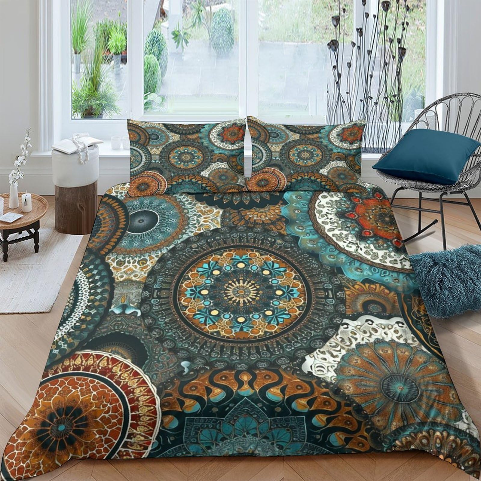 XFKLYNVCJ 3D Printed Ornate circular designs Quilt Cover Polyester Bohemian pattern Bedding Cover Breathable Durable for Birthday Gift Adults Home Bedroom Bedding Use Super king（260x220cm）