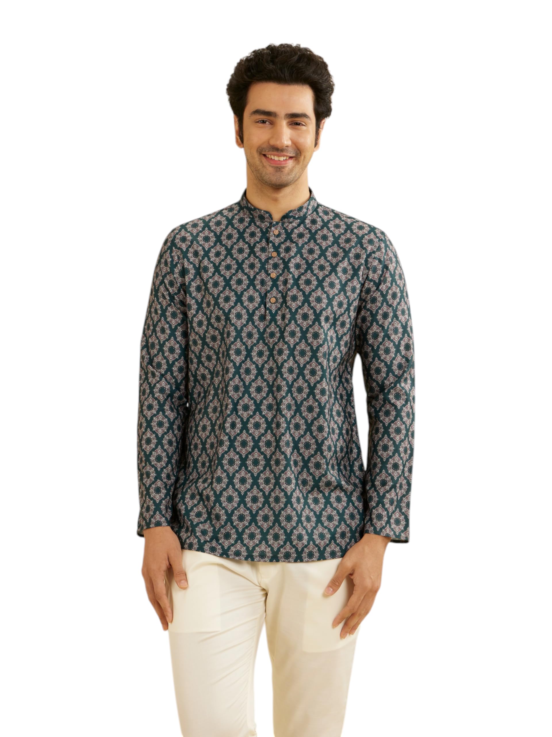 manyavar Men's Cotton Digital Print Short Kurta (1pc)-picture-31