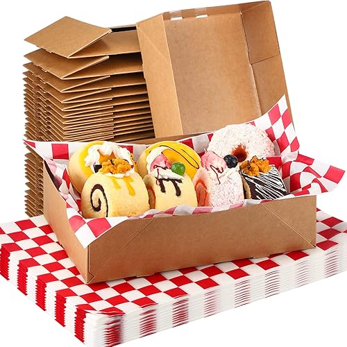 Miniatura 1 de Juego de 200 bandejas de papel kraft para alimentos y papel de regalo de alimentos a cuadros, 4 esquinas emergentes de cartón, bandejas de cartón