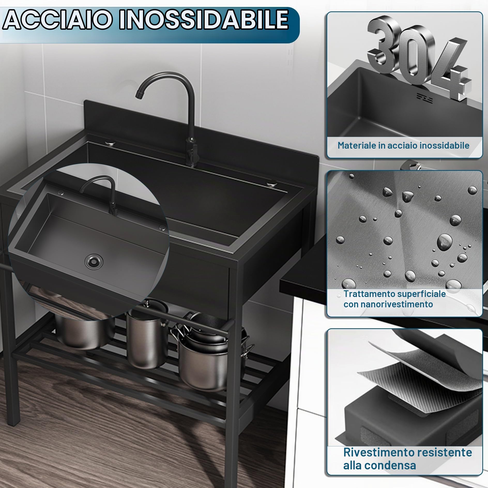 Lavandino da Esterno in Acciaio Inox,Lavello da Cucina Portatile con Mobile,Lavabo Nero da Giardino 1 vasche Autoportante,con Rubinetti Freddi e Caldi,per Lavanderia,Ristorante,Commerciale(66x51x94cm)