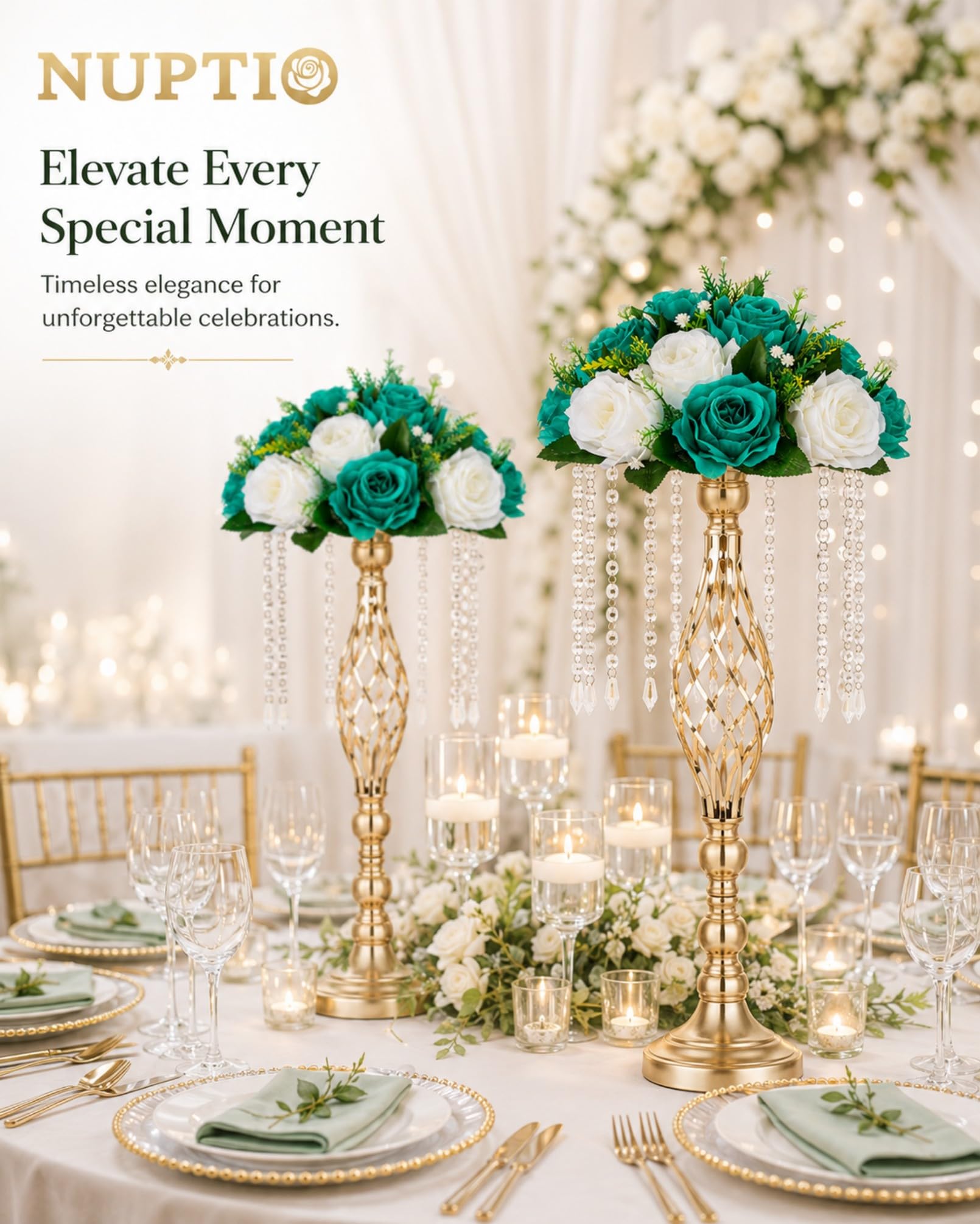 Nuptio Bouquet di Palline di Fiori: 6 Pezzi Centrotavola Fiori Artificiali Composizioni Rose 24cm Diametro Verde Acqua & Bianco Rose Finte Centrotavola per Matrimoni Decorazioni Tavola Feste Natale