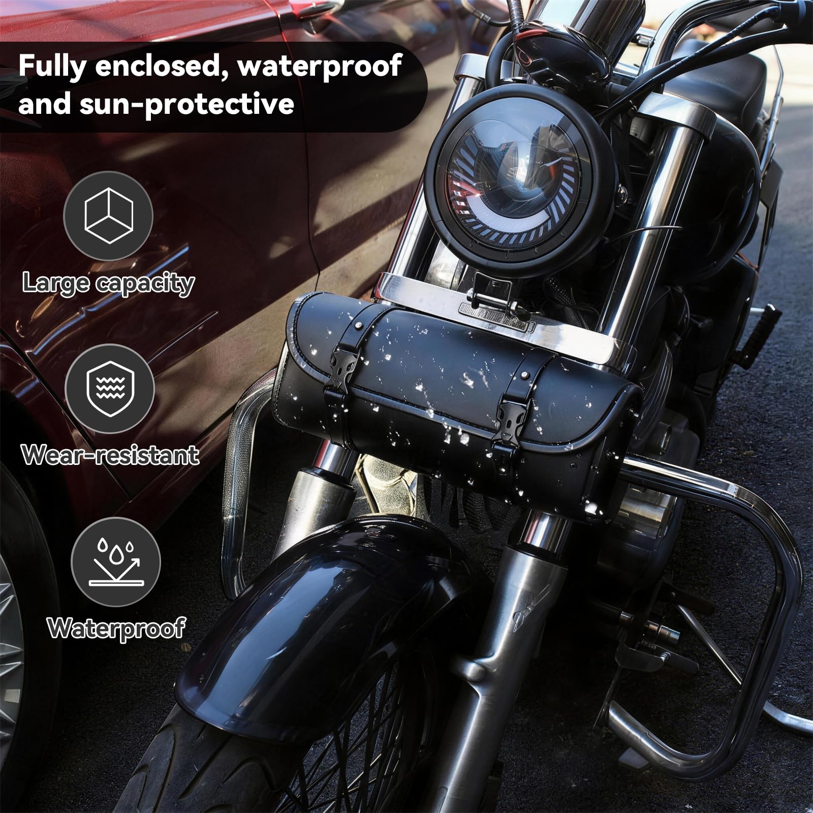 Torba na narzędzia motocyklowe, ze skóry PU, wodoszczelna czarna torba w stylu retro, torba na kierownicę z 2 regulowanymi paskami, na kierownicę, widelec i ramę