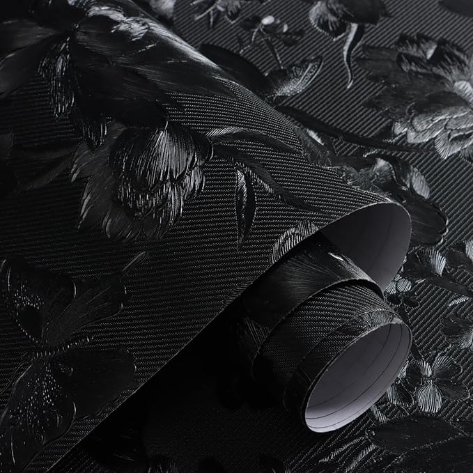 Black Floral Peel and Stick Wallpaper: Vintage Embossed Texture