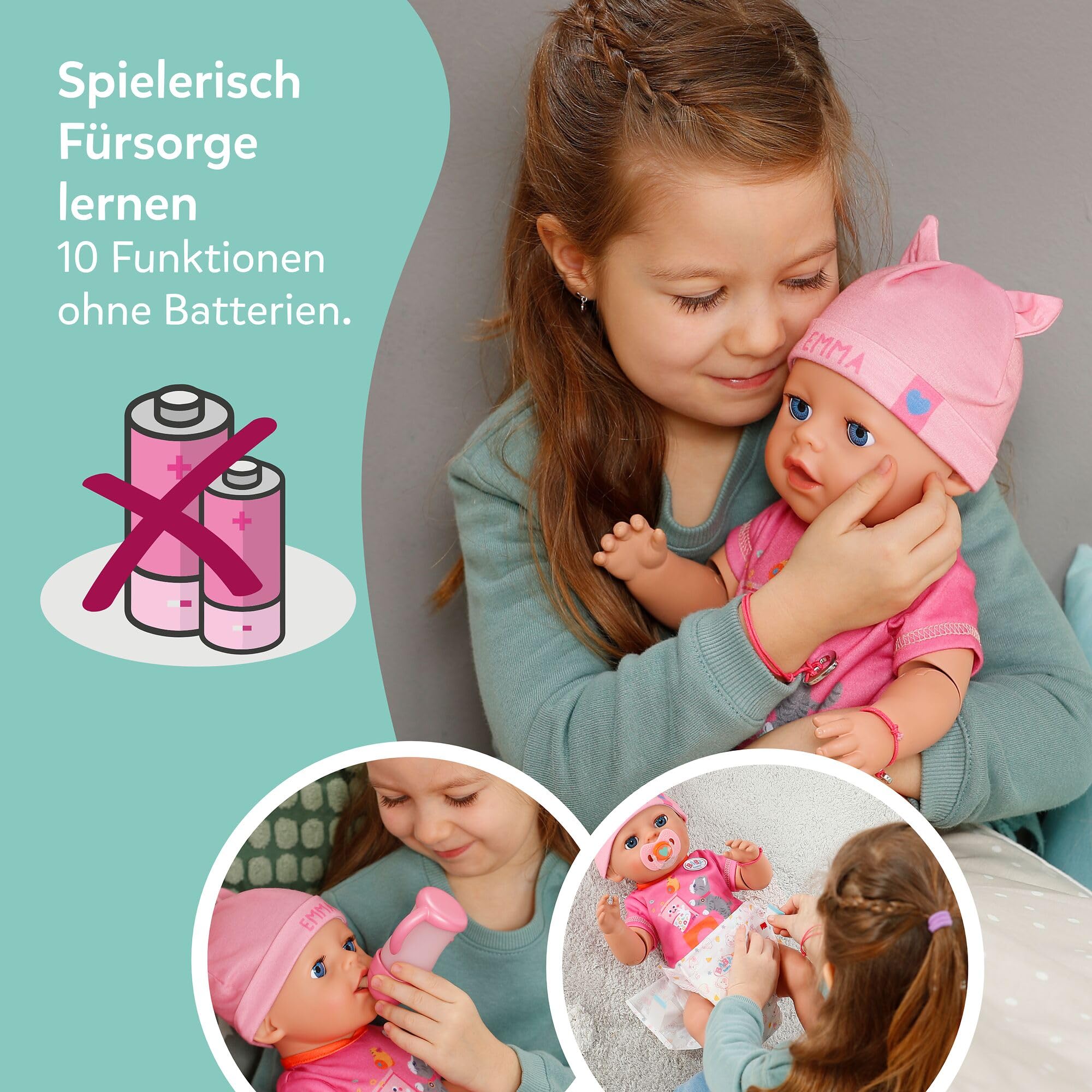 BABY Born Emma 43 cm Babypuppe mit Click & Play, 10 Funktionen | 8 Accessoires inklusive, funktioniert ohne Batterien, bewegliche Arme, ab 3 Jahren