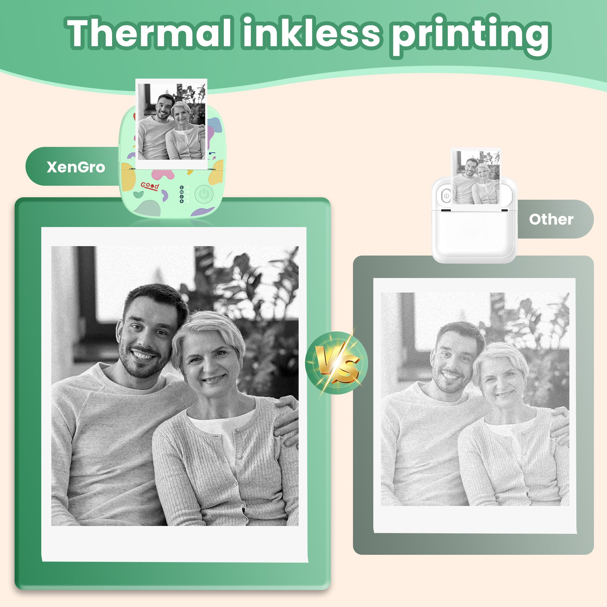 Imprimante Thermique Mini sans Encre Bluetooth Portable 3 Rouleaux Papier Vert pour Stickers Étiquettes DIY Enfants
