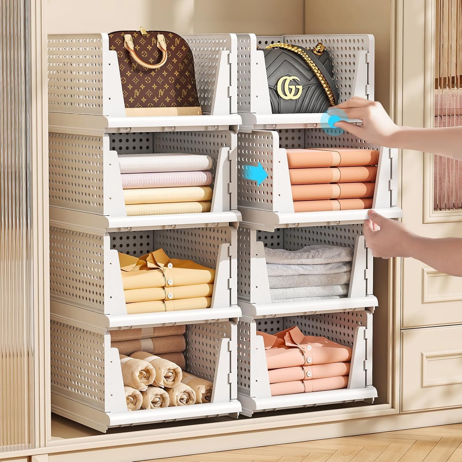 HOMIFLY Set of 8 Large Foldable Cloth Storage Organizer/Stackable Wardrobe Organizer For Clothes/Multipurpose Sliding Basket/Rack Organiser for Storage/Shirt Stacker Box (44 x 33 x 144 cm, White)