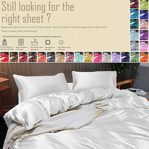 Miniatura 5 de Ropulance Bedding Juego de sábanas de satén de seda 100  pura 4 piezas sábana bajera de seda con bolsillo profundo de 15 pulgadas juego de sábanas y