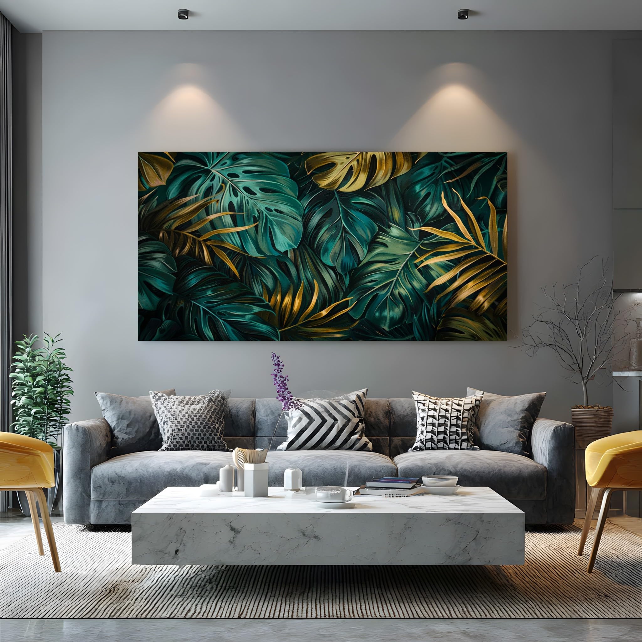 Wandbild Groß XXL Dschungel Fensterblatt Leinwandbilder Rahmen Botanisch | Palmblätter Bilder für Wohnzimmer & Schlafzimmer Luxuriöse Goldene Blätter Foto auf Leinwand Wanddekoration 60x120cm