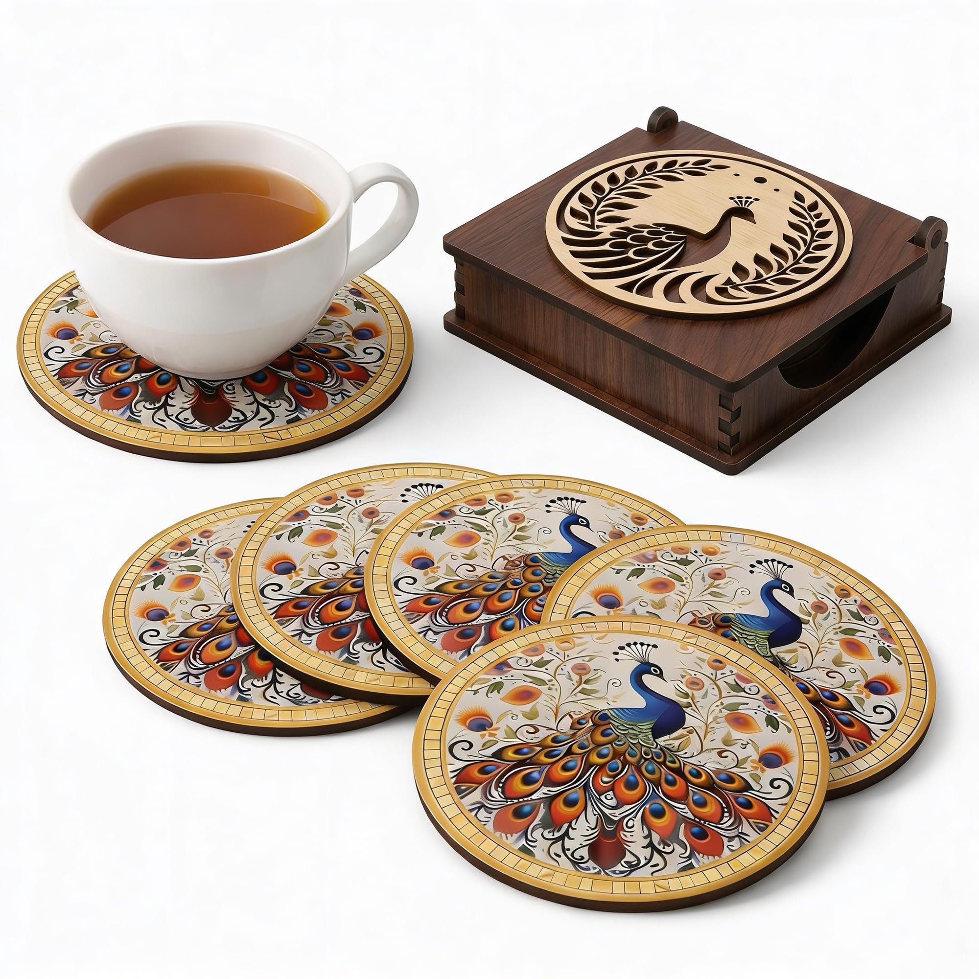 Swag Station Coaster Set of 6 with Folding Box Holder for Tea Coffee Cups, Royal Peacock Mandala Collection Design, Decorative Table Coasters for Dining Table, Office Desk, Kitchen & Home Gift-picture-25