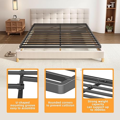 Miniatura 5 de Somier de metal Queen de 2 pulgadas con esquinas redondas, capacidad de 3000 libras, repuesto de listones de cama de perfil bajo con listones