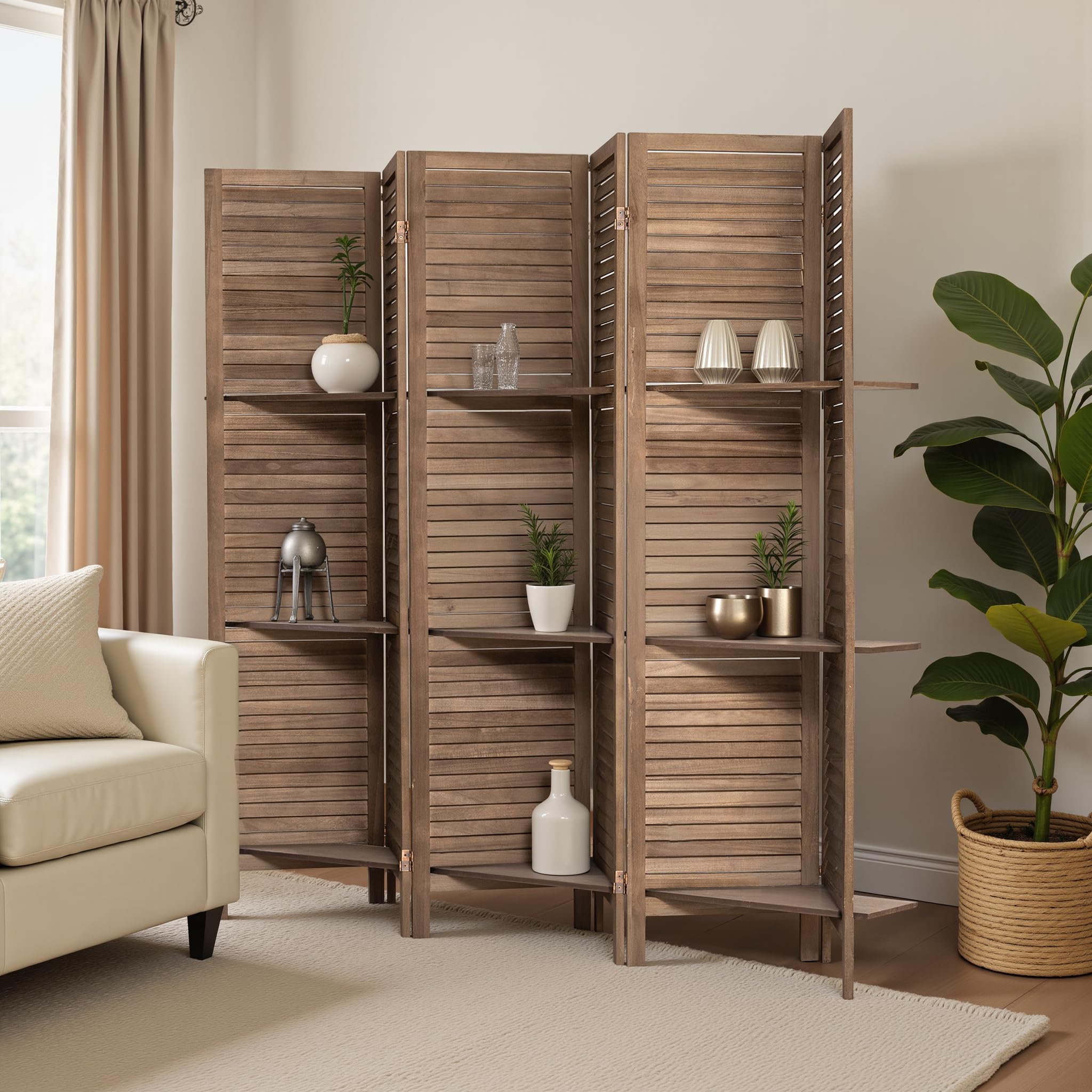 Osparple Room Divider with Shelves 6 Panel Wooden Folding Room Dividers Privacy Screen Wall Divider for Room Separation for Office and Apartment, Dark Brown