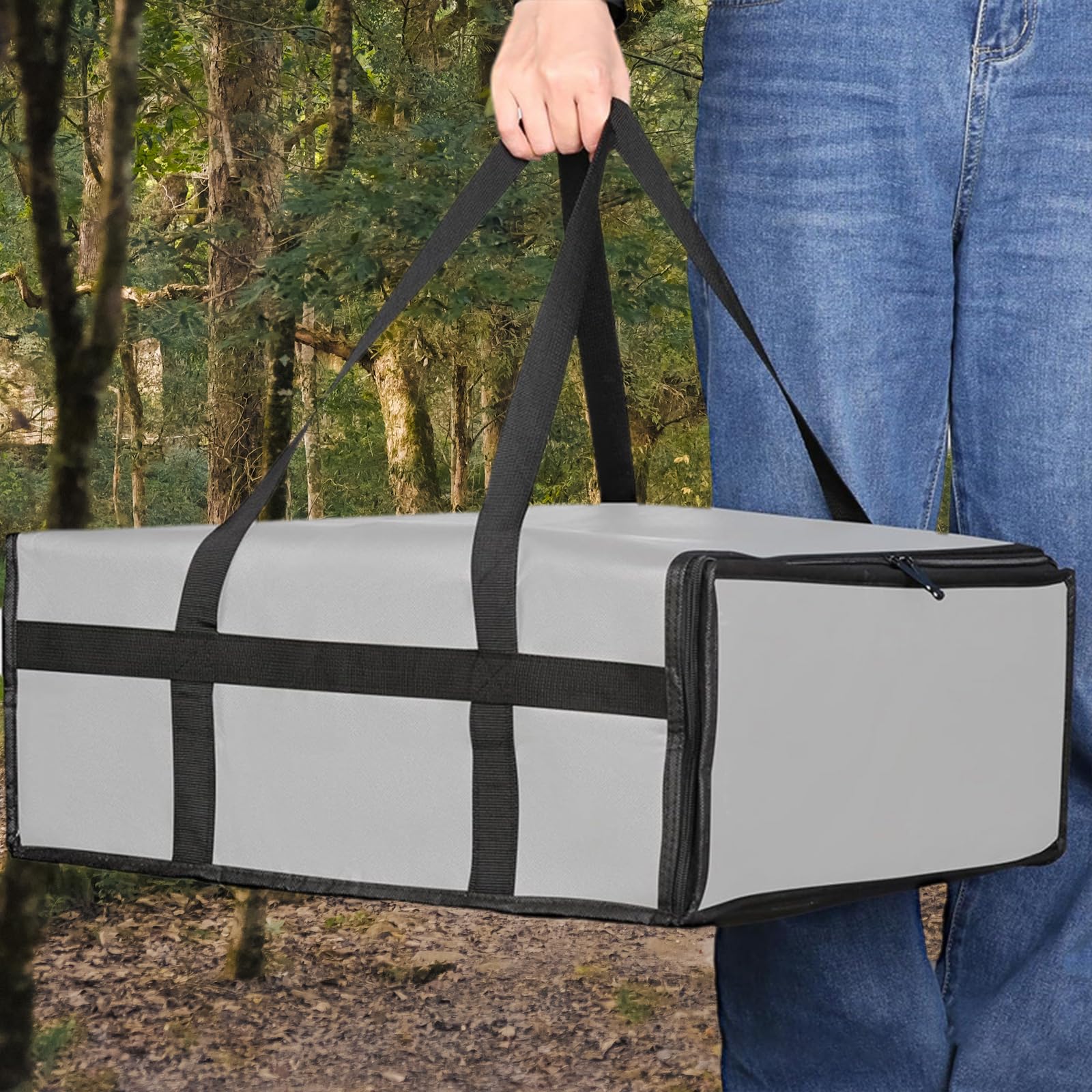 Grand sac à pizza gris - Grand sac isotherme pliable pour livraison de pizza, camping et pique-nique (50 x 50 x 20,5 cm)