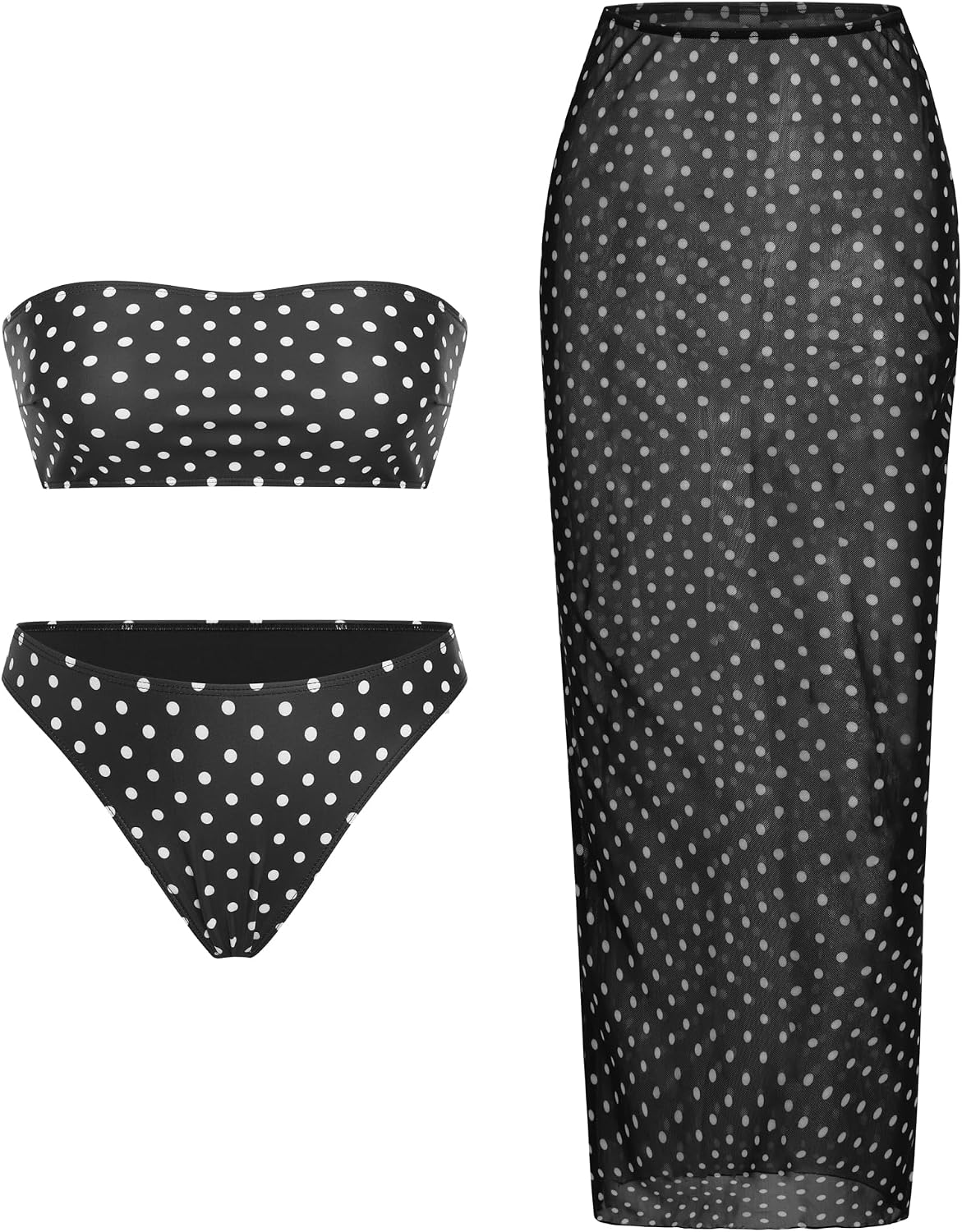ZAFUL Womens 3pcs Bikini Swimsuits Bandeau 3 Piece Swimwear High Cut Bikini Sets with Long Sheer Coverup Dress