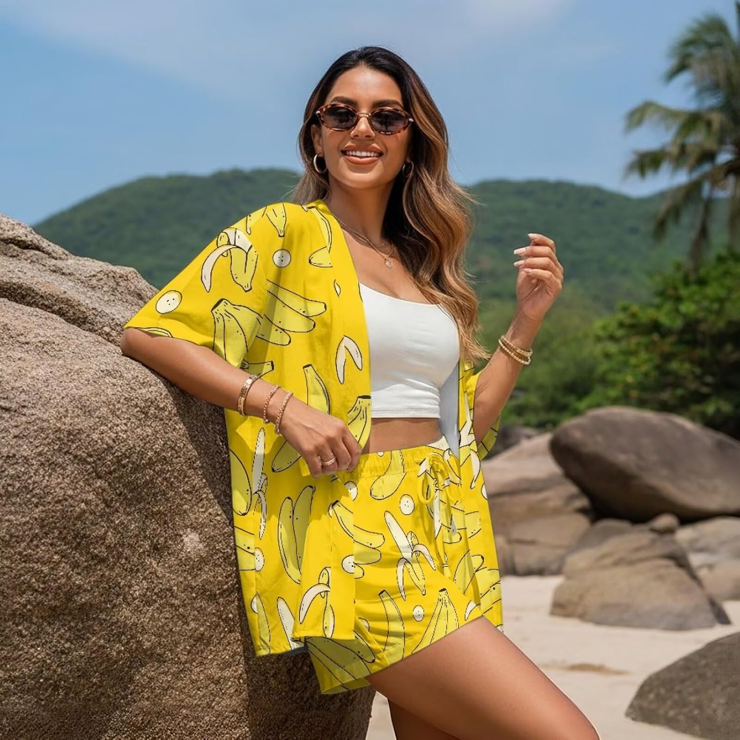 Women's Hawaiian Beach Outfit Tropical Print Swim Cover Up & Beach Shorts Set Summer Vacation Beachwear