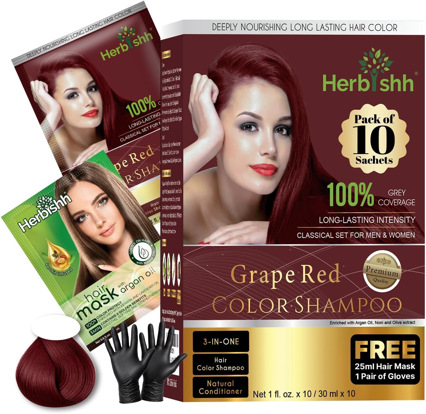 Herbishh Hair Color Shampoo For Gray Hair–Natural Hair Dye Shampoo With Argan Hair Mask–Travel Size-Colors Hair In Minutes–Long Lasting Colour–10Pack+1Pack–Ammonia-Free (Grape Red)