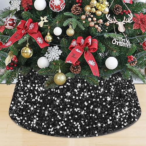 MODFUNS Collar de árbol de Navidad con lentejuelas, base de soporte para árbol de Navidad con purpurina negra, falda de terciopelo de 24 pulgadas,