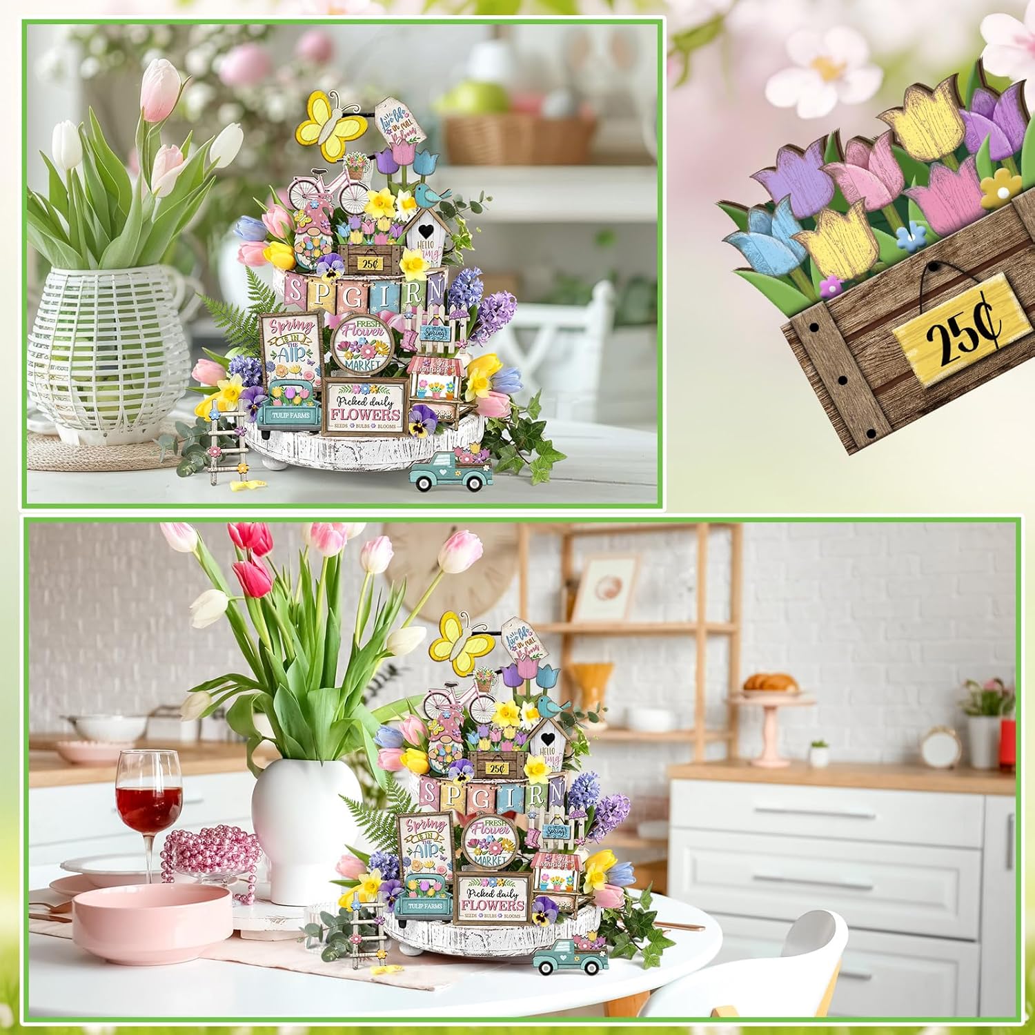 Moucuny 24 Pcs Spring Flower Tiered Tray Decoration Set Farmhouse Tulips Floral Wooden Sign Rustic Spring Table Centerpieces Tulips Tiered Tray Decor for Home Shelf Kitchen Tabletop