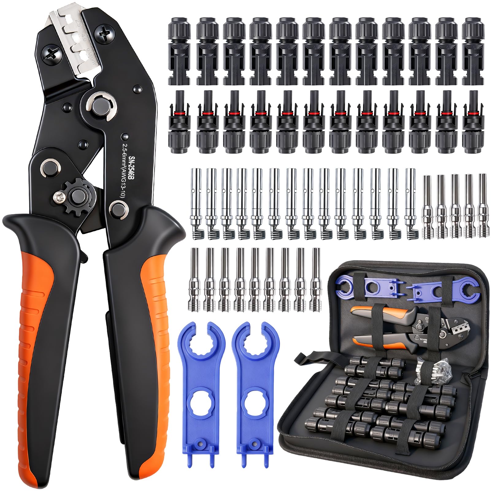Set de Crimpadora Solar para Cables PV de 2,5/4/6 mm²,con 1 Alicates de Crimpado,14 pares de Conectores Fotovoltaicos,12 pares Conectores Macho Hembra,2 Llaves,para Instalación Fotovoltaica