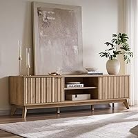 OKD 70" Mid-Century Modern Fluted TV Stand Natural Oak - Soft-Close Doors, Adjustable Shelves, Entertainment Center for 65-75" TVs