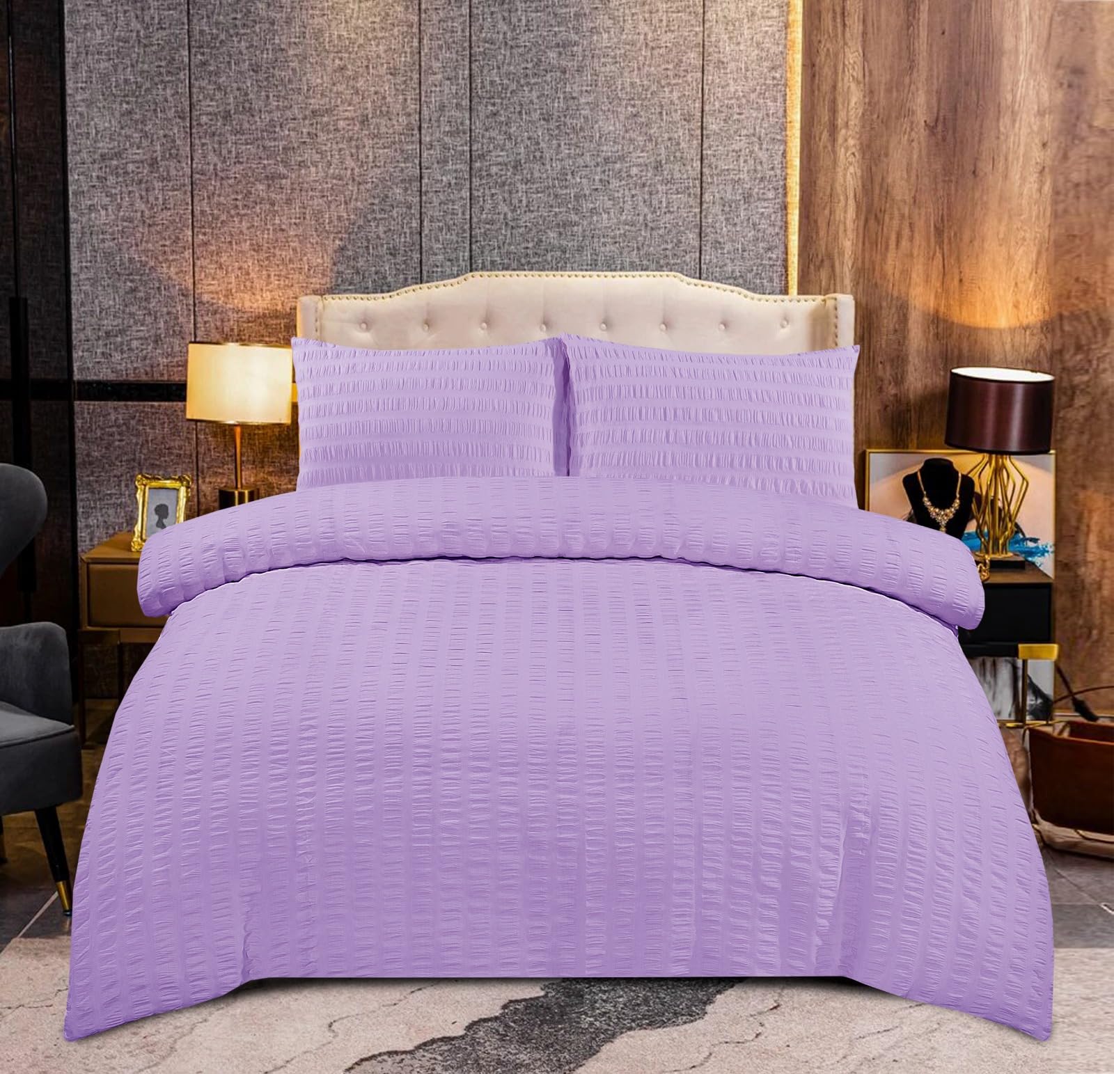 KD HOME EVERYTHING YOU NEED Seersucker Duvet Quilt Cover Set with Matching Pillowcases, Ultra Soft Cosy Polycotton Stripe Design, Easy Care & Machine Washable (Lilac, Double) โ image 1