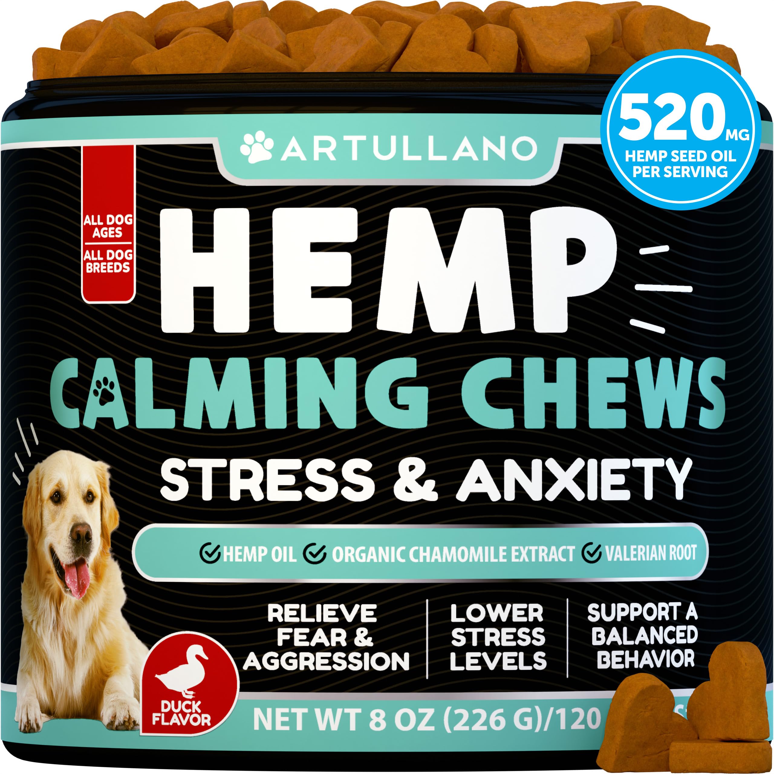 Hemp Calming Chews for Dogs - Dog Calming Chews - Dog Anxiety Relief Treats with Hemp Oil, Turmeric, Valerian, Ginger - Health and Wellness Supplements for Dogs - Hip and Joint Support - 120 Treats