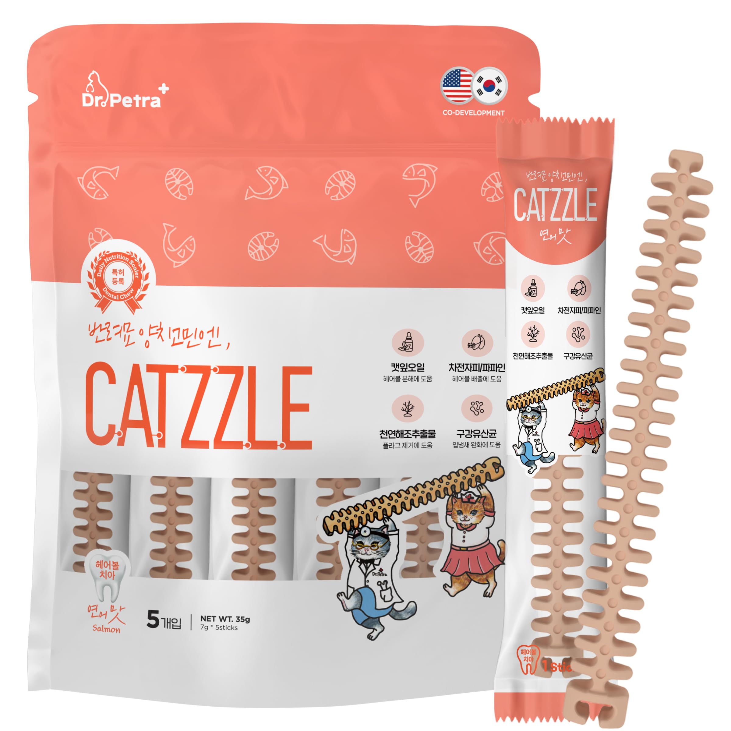 CATZZLE Cat Treats, Dental Chews for Indoor Cats, Cat Teeth Cleaning, Dental Care Snacks - Hairball Control (Salmon Flavor), 5 Sticks (1.25 oz.)