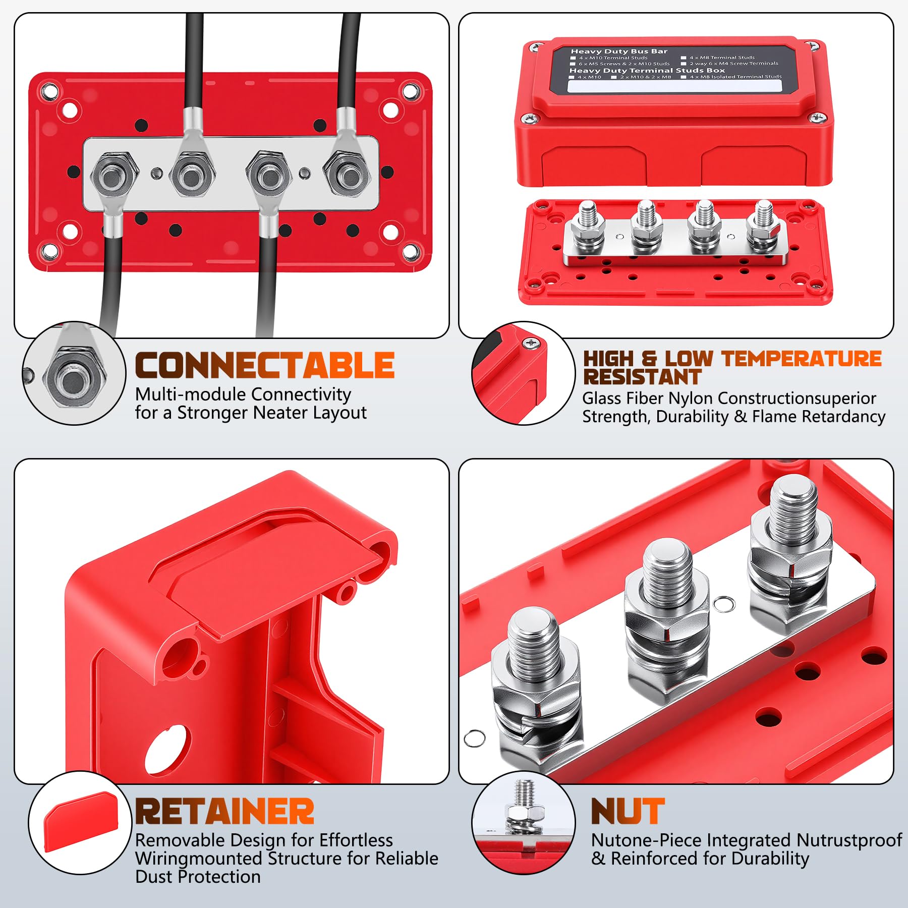 12-48V Busbar Bornier, 300A Barre De Bus Blocs De Distribution, Heavy Duty 4x M8 Borne Batterie Bus Bar Pour Voiture, Bateau, Camion, Solaire, Rouge 2 Paquets