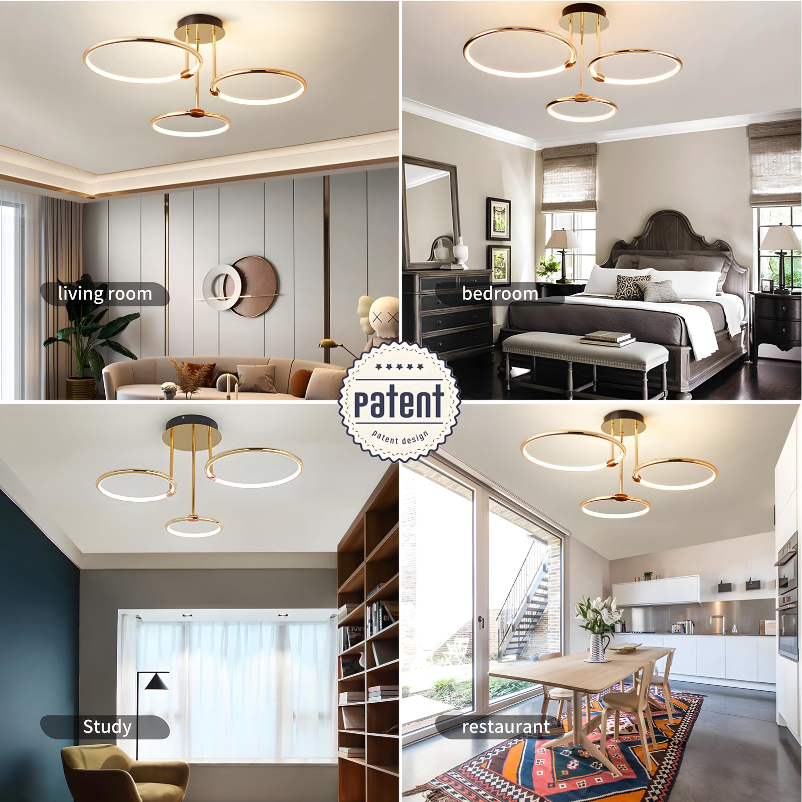 3 Anelli Rotondi Design Oro LED Plafoniera, Lampadario Ø56cm | 60W Dimmerabile Continuo, Pendente Placcato In Metallo Creativo, Lampada Moderna Per Soggiorno In Camera Letto Studio Ufficio