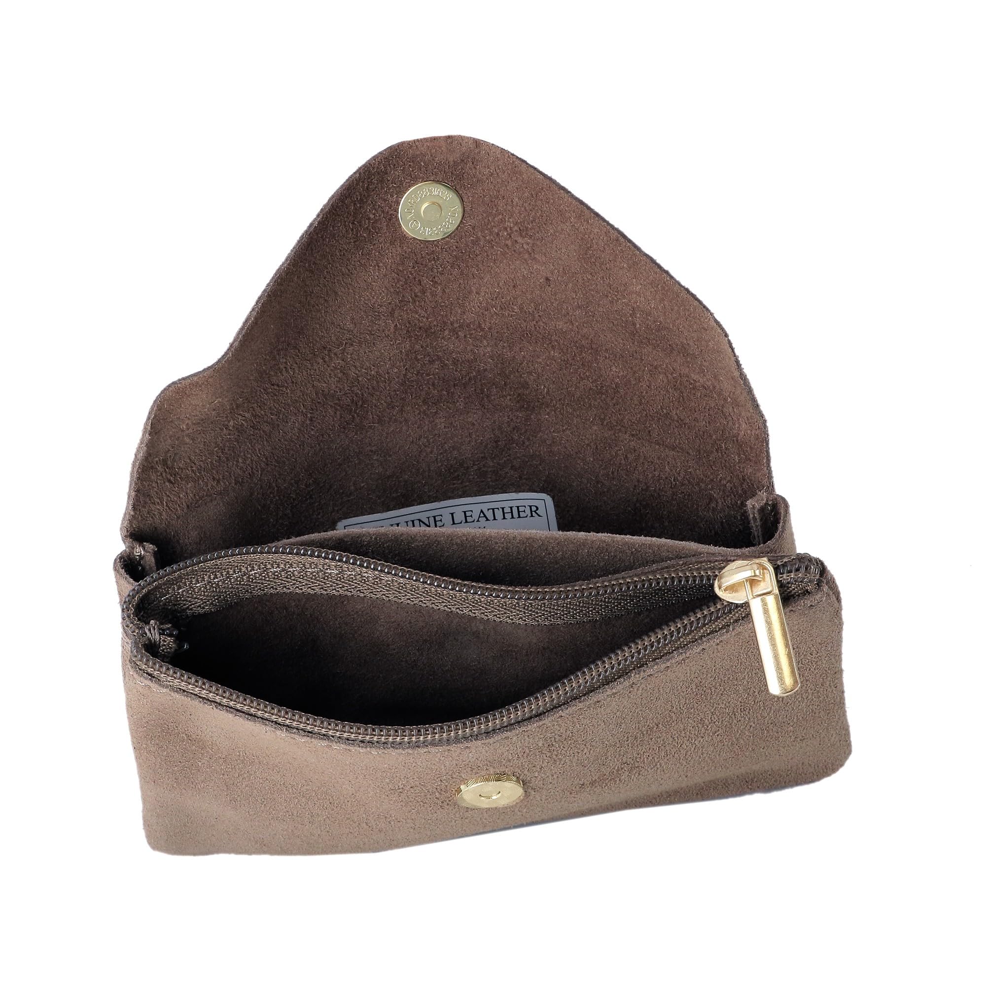 Porte-Monnaie Cartes Vrai Cuir Suédé Souple Femme - Portefeuille Pochette à Rabat - Format Mi-Long Taill M - Léger Fonctionel - Taupe