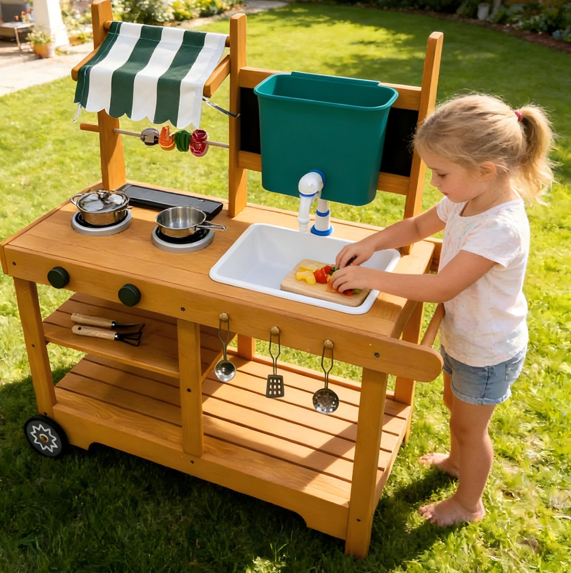 ROBOTIME Mud Kitchen Outdoor - Set da gioco per bambini, cucina giochi con ruote rotanti, manico scorrevole, spiedini girevoli, tenda da sole in tessuto, lavagnetta e lavello dell'acqua realistico