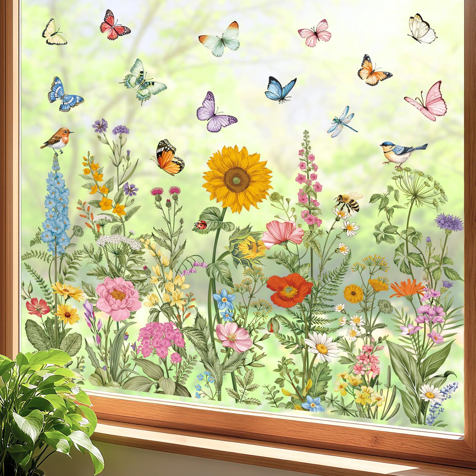decalmile Spring Summer Vintage Wildflower Double Sided Window Clings Garden Flower Butterfly Birds Anti-Collision Glass Doors Window Stickers Decals