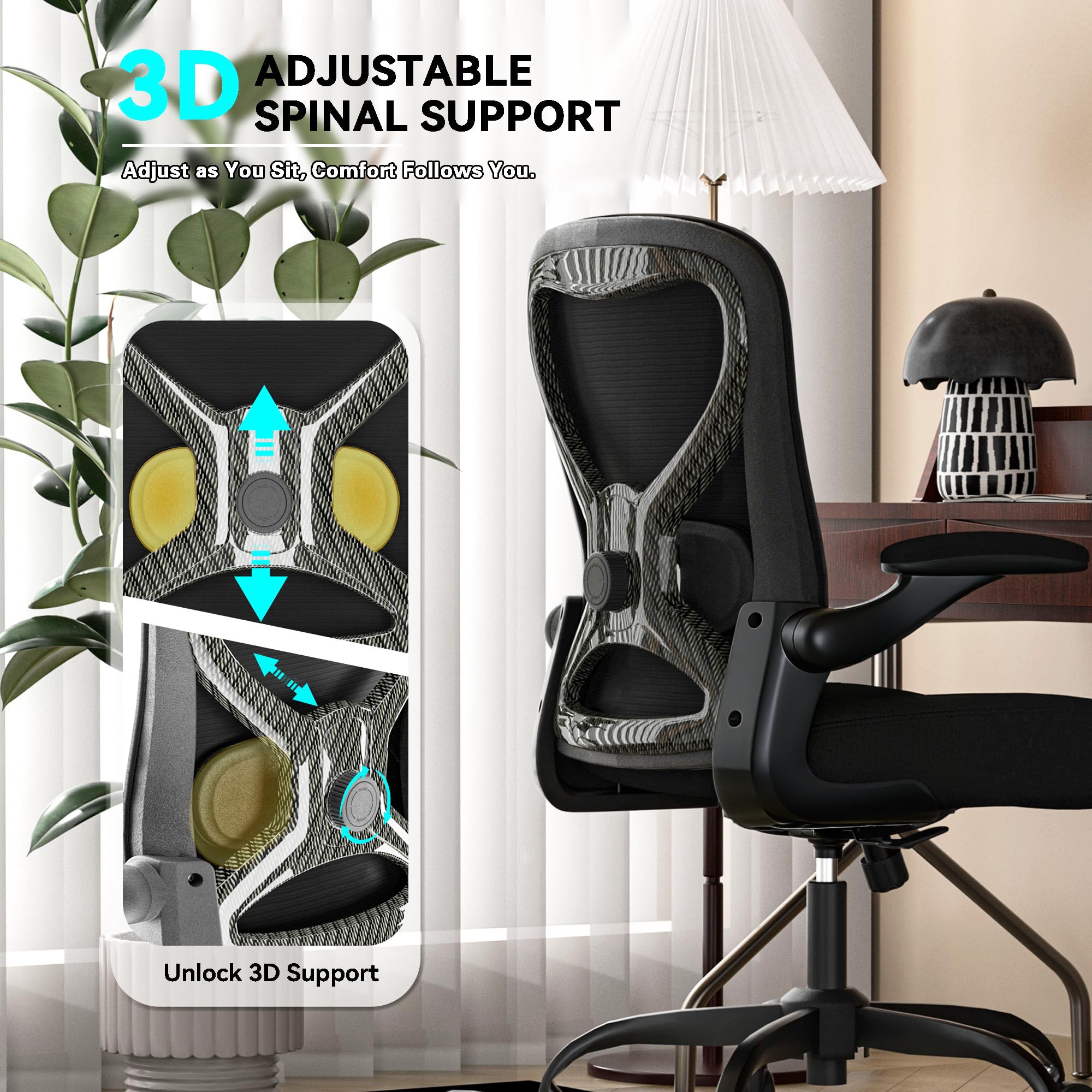 Ergonomic Office Desk Chair with 3.5" Thick Cushion, Adjustable Lumbar Support, Flip-Up Arms, Breathable Mesh Back Chair โComputer Task Chair for Home Office - 2