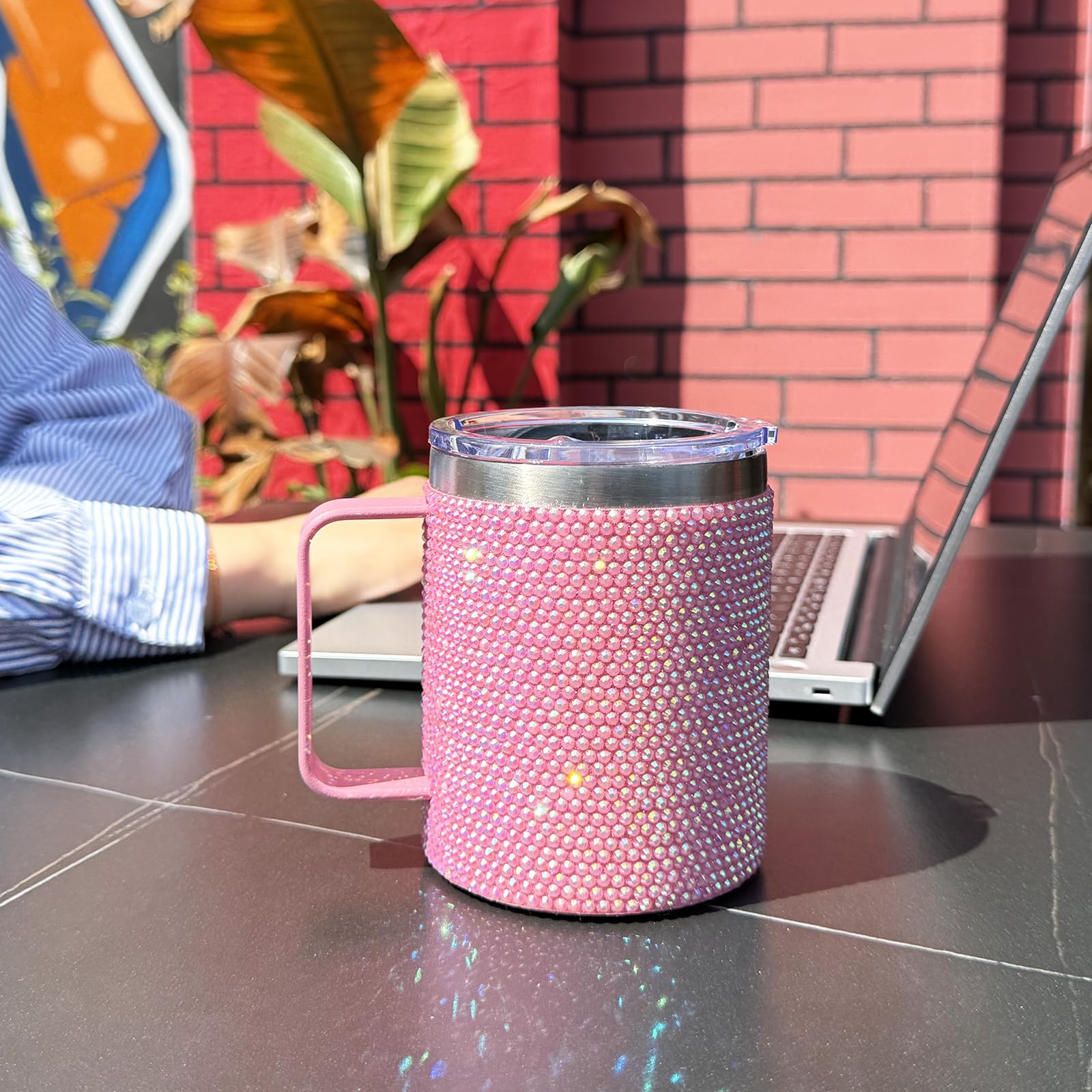 Taza de café de viaje de 12 onzas con asa y tapa, taza de café aislada con diamantes de imitación, de acero inoxidable, reutilizable, con purpurina, taza térmica para el hogar y la oficina