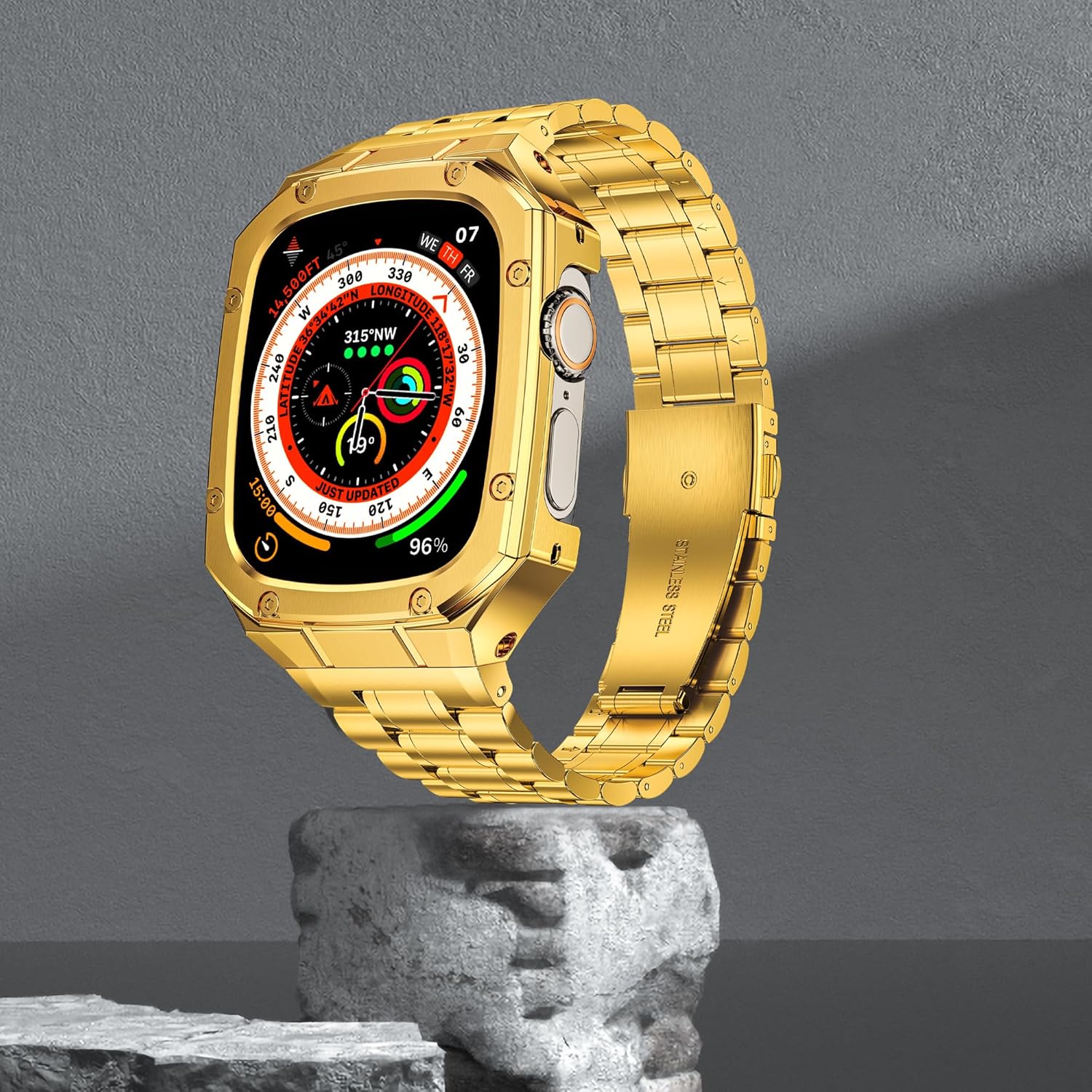 Stainless Steel Watch Band and Case Compatible with Apple Watch Ultra 3/2/1 (49mm),Adjustable Metal Strap and Rugged Protector Cover for iWatch Men,Gold - Image 5