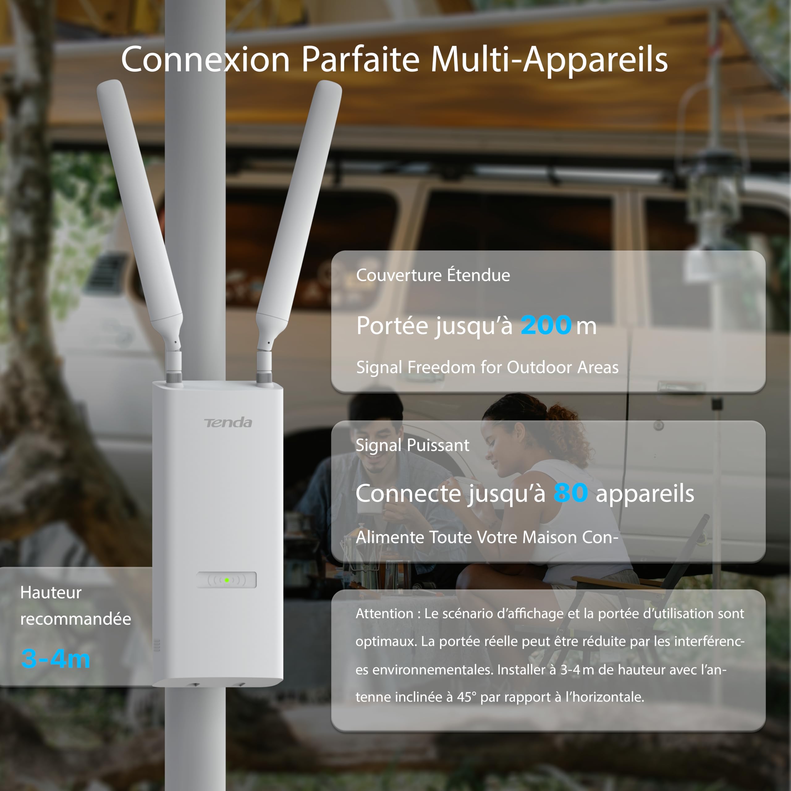 Tenda AX3000 Outdoor WiFi 6 Access Point Double Bande (1 Port Gigabit, WPA3, VLAN, Gestion Locale Et Cloud, Roaming Transparent, PoE+ 802.3at / PoE Passif) (OAP3000)