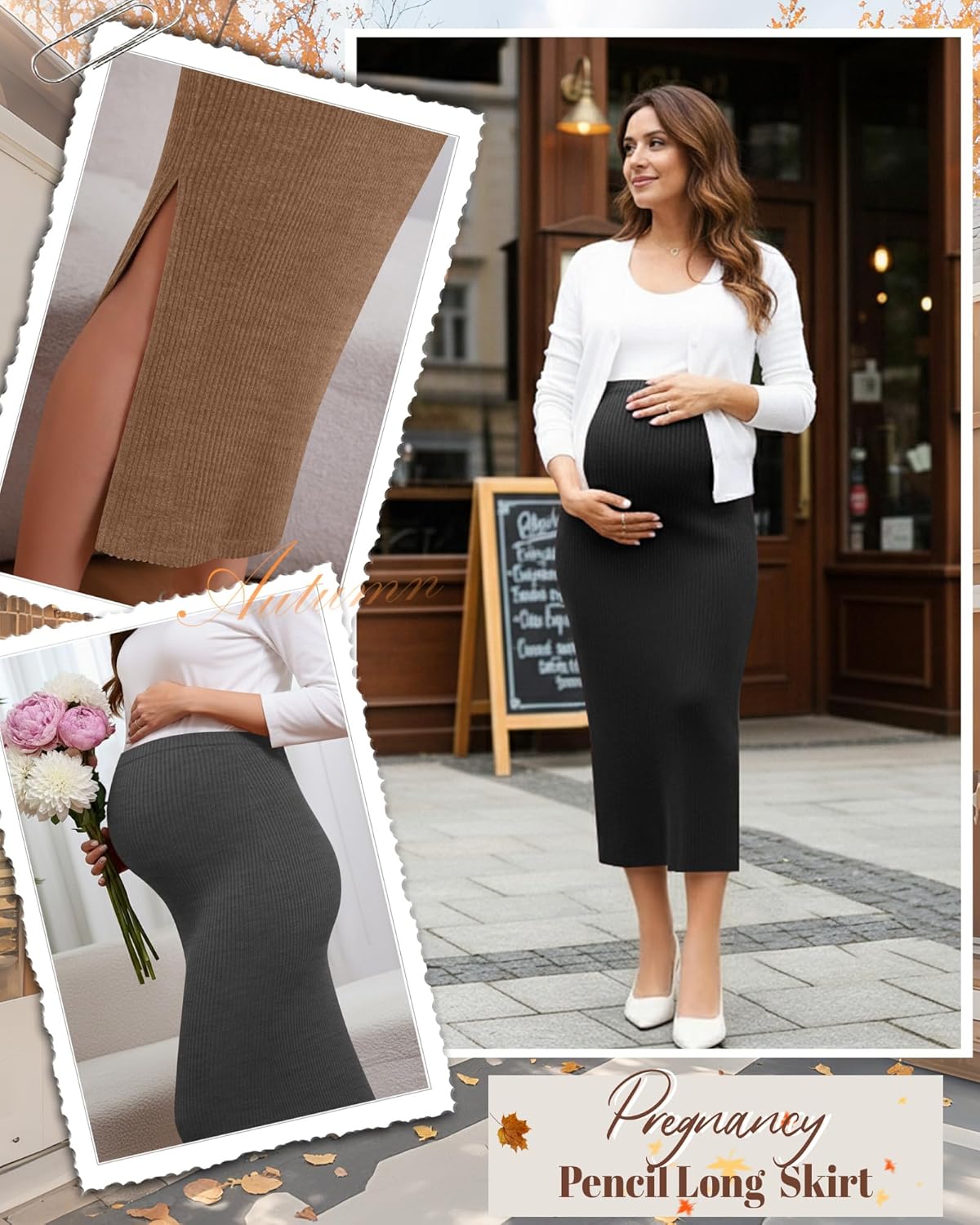 Neer 3 Pack Women's Maternity Skirts, Split Midi High Waist Ribbed Knit Solid Stretchy Pregnancy Pencil Long Skirt Clothes - Image 5