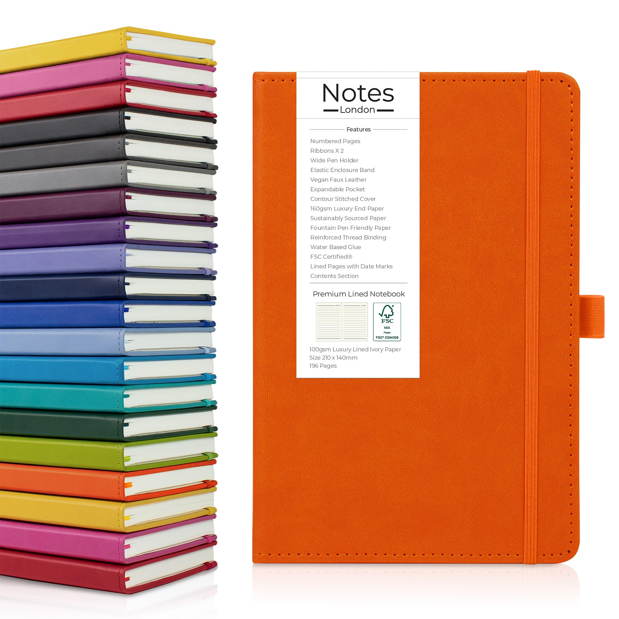 Notes London - Confezione da 50 quaderni A5 con copertina rigida cucita, pagine a righe numerate e contrassegnate con data, 100 g/m², 2 nastri, passante per penna, pagina contenuti, tasca, di