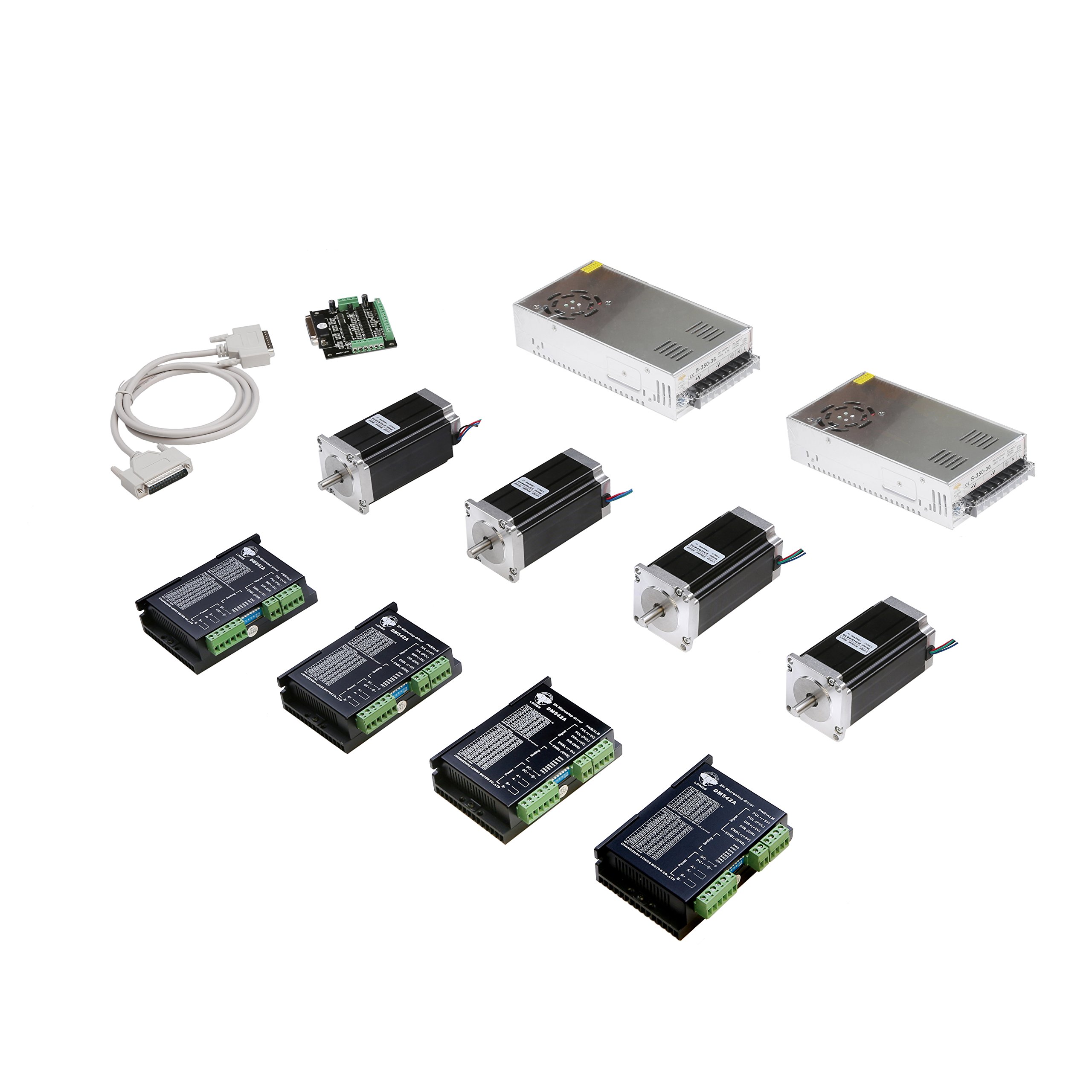 4 Axis Nema 23 Stepper Motor + Stepper Motor Diver 4.2A 24-50VDC Peak +350W Power Supply36VDC/9.7A with 1 Breakout Board and Parallel Cable for Professional 3D Printer