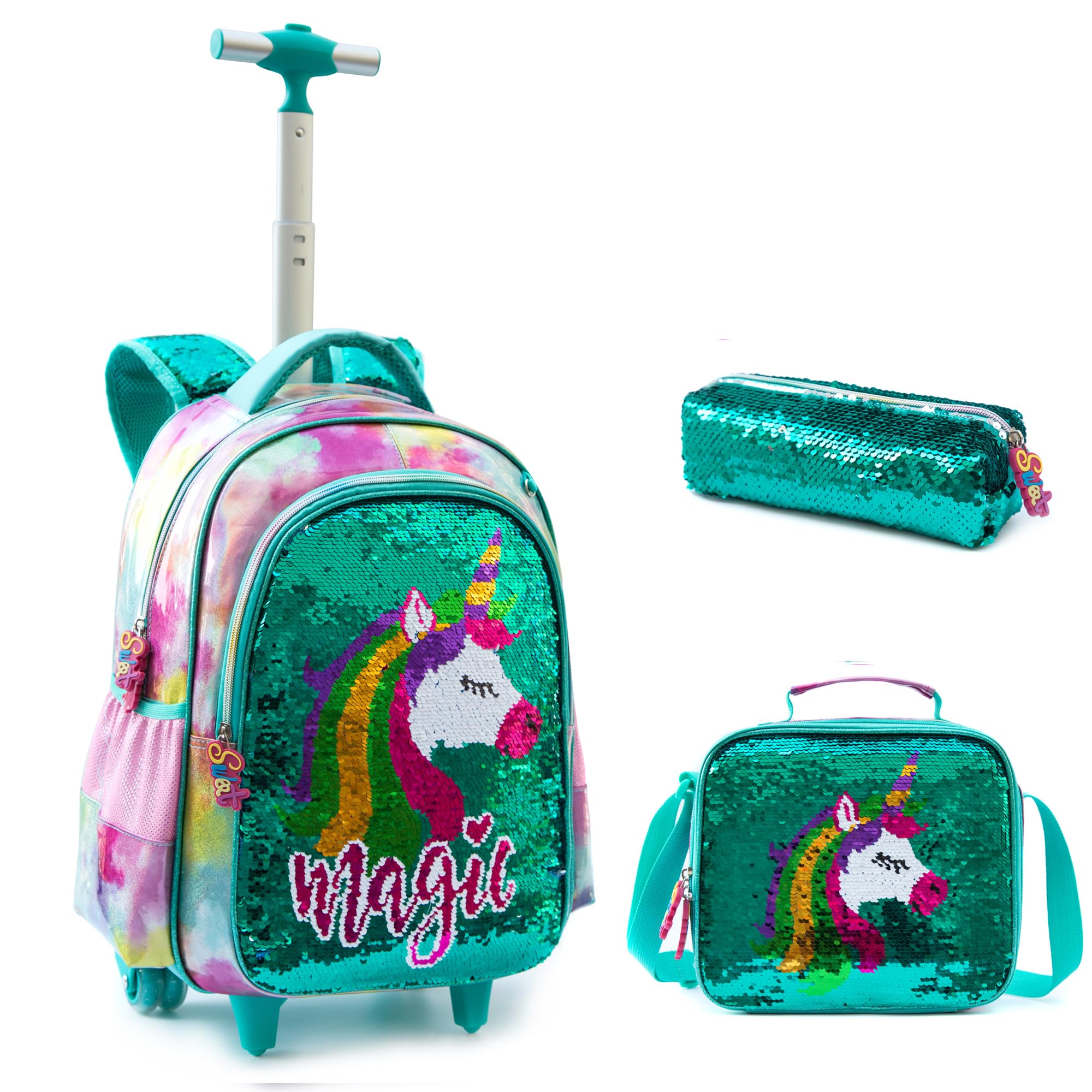 Rolling Backpack 18 inch for Kids Wheeled Backpack for Girls with Lunch Bag Pencil Case