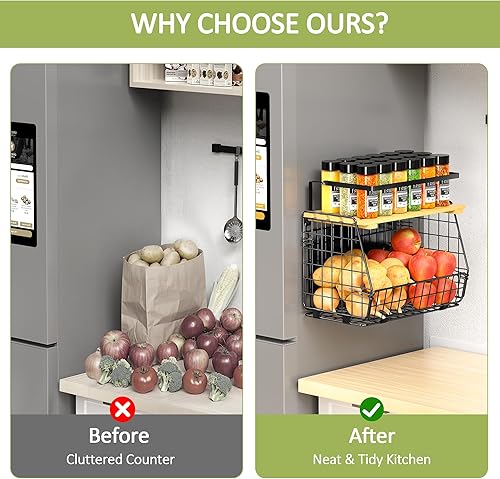 Miniatura 5 de Estante magnético para nevera con tapa de madera paquete de 2 contenedores de almacenamiento de papas y cebollas, estante magnético para especias