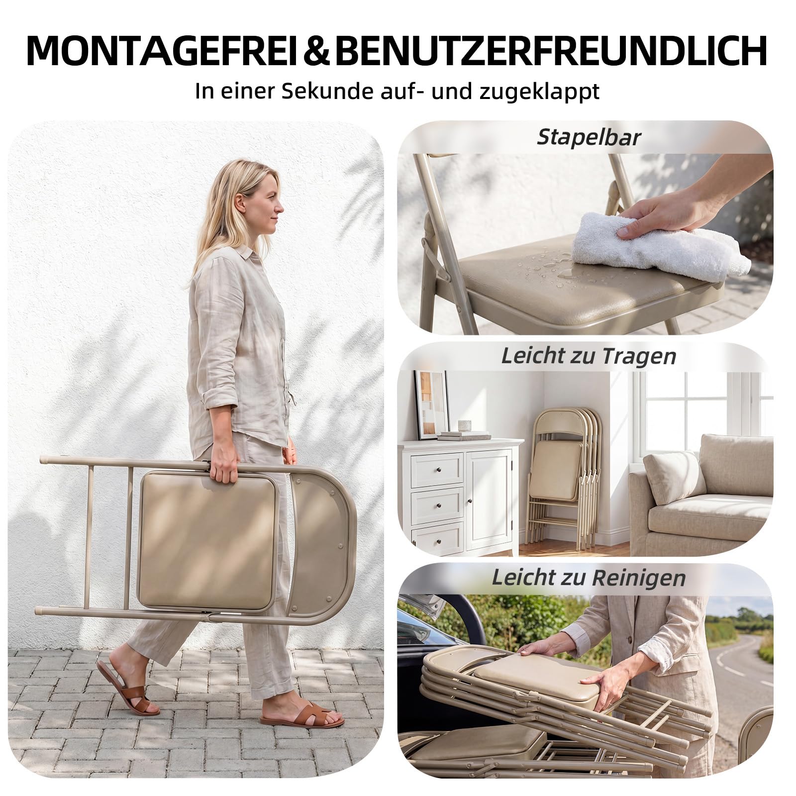 Klappstuhl 8er Set, Klappstuhl Gepolstert bis 158KG Tragfähigkeit, Klappstühle mit Starker Stahlrahmen für Zuhause und Büro, Camping, Innen- und Außenveranstaltungen, Khaki