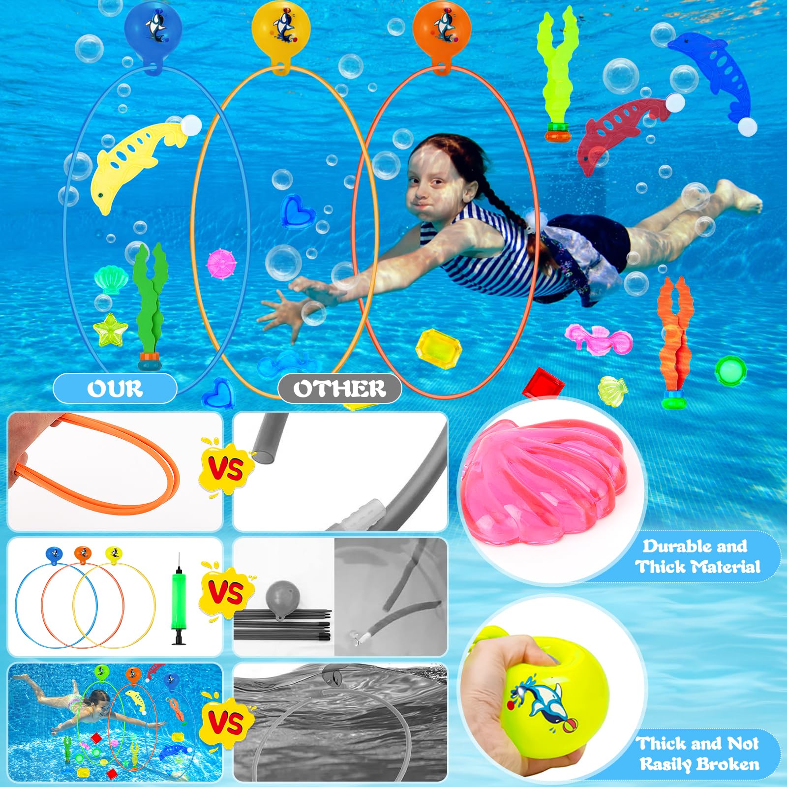 27pcs Jouets de Plongée,Jeux de Piscine pour Enfant,Jouet sous Eau Piscine Été inclure 3 Anneaux de plongée,Gemme,Dauphin,Algues etc,pour Enfants Entrainement de plongée,Cadeaux 5-12 Ans.