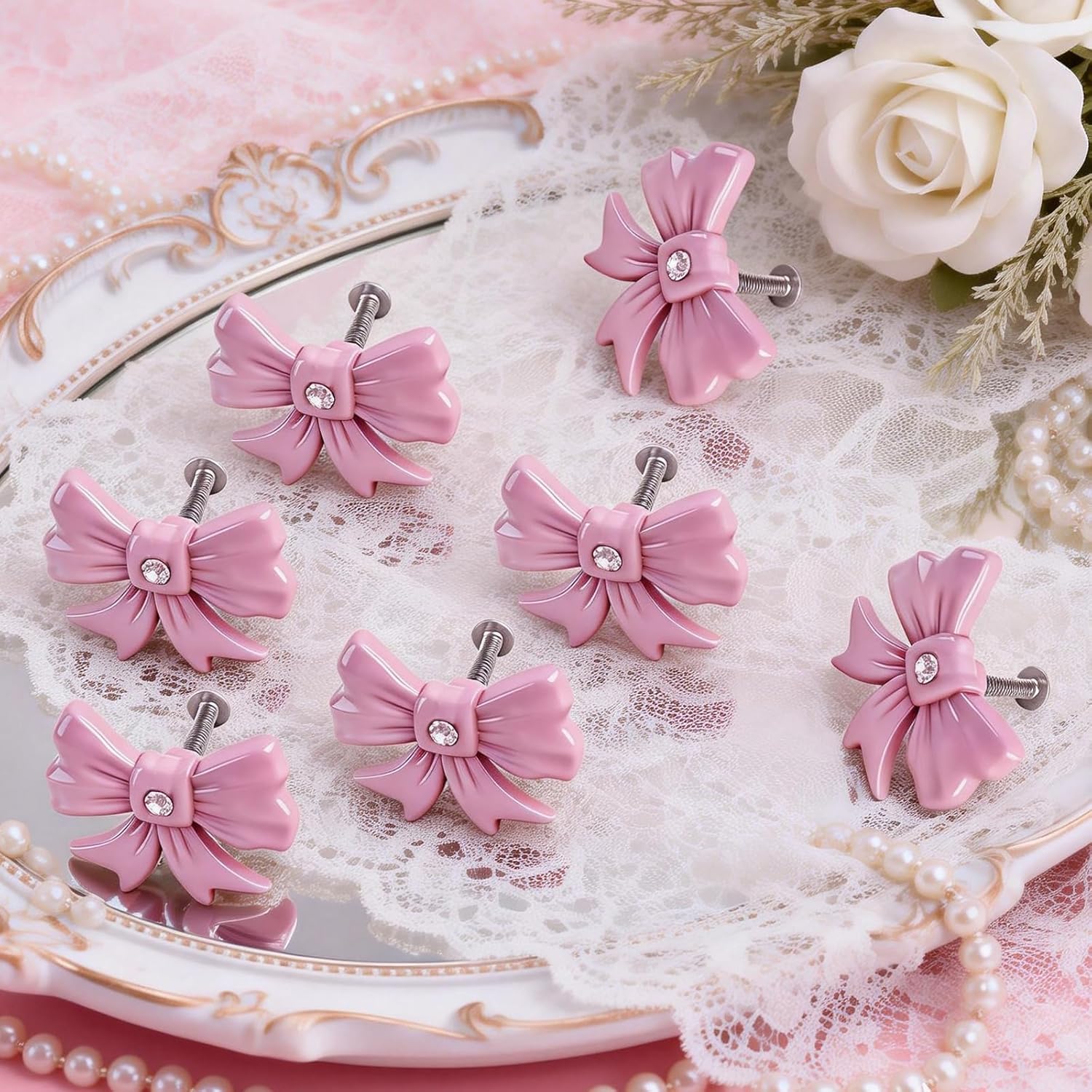 10 Pcs Pink Bow Dresser Knobs Cabinets Hardware Pulls Decorative Vintage Coquette Bow Drawer Knobs for Home Girls Room Bedroom Vanity Desk Wardrobe